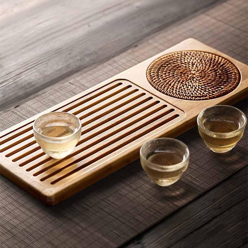 Solid Bamboo Wood Tea Tray Rattan Mat Rectangle Serving Table Plate Storage Dish for Hotel Tea Plate Accessories Saucer