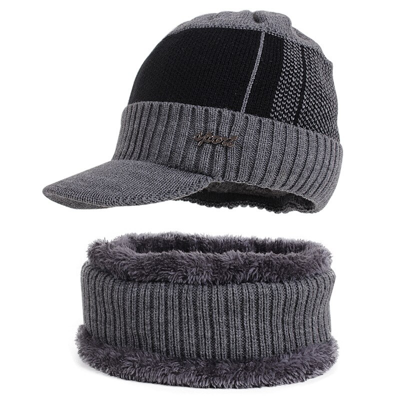 Ensemble de bonnets et écharpes en laine pour homme et femme, Bonnet tricoté, cagoule, masque Gorras, hiver: Gray Sets
