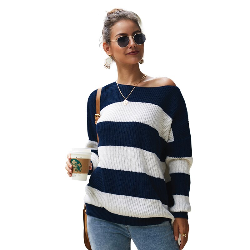 Aswinfon Gestreepte Trui Vrouwen Lange Mouw Dames Trui Truien O-hals Losse Gebreide Trui Vrouwelijke Herfst Winter Trui: Navy / S