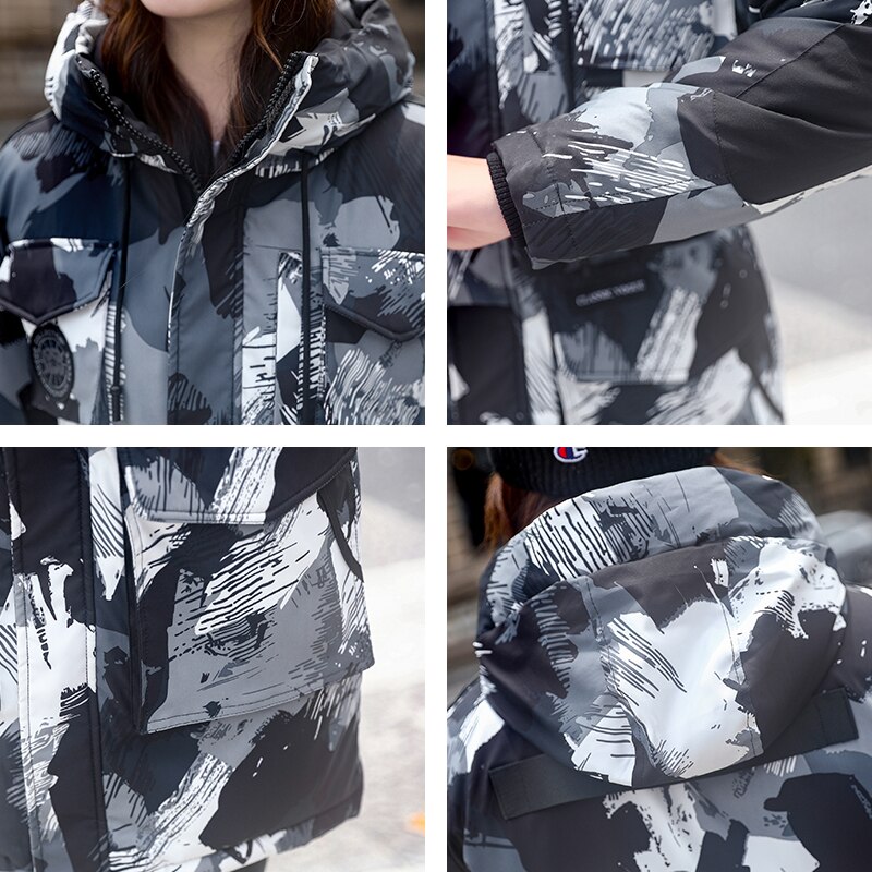 Tarnung aufbringen frauen Winter Jacke Mit Kapuze Dünne Lange Parkas Weibliche Stehkragen Plus Größe Baumwolle gepolstert Dicken lässig Mäntel