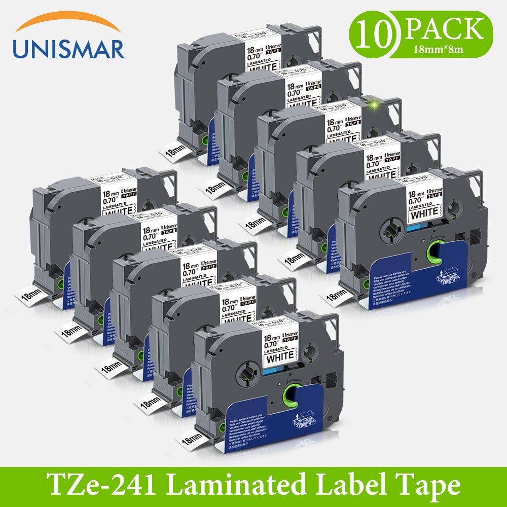 Unismar 10PK TZe-145 White on Clear Laminated Label Tape Compatible Brother P-touch Printers 18mm*8m TZe Tapes TZe-141 TZe-241: Black on White