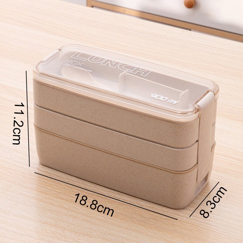 3 Lagen Lunchbox 900Ml Draagbare Tarwe Stro Bento Boxs Magnetron Dinnerwaer Foos Opslag School Kantoor Voedsel Container: Beige1