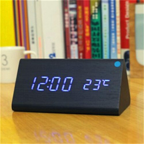 triangular wooden clock,sound control,thermometer,4 color LED display,digital desktop bedroom alarm clock on desk: black clock blue
