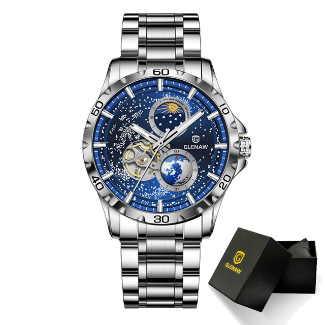 GLENAW Rotierende Erde Doppel Sekundenzeiger Armbanduhr Männer Automatische Mechanische Uhr Sternenhimmel Edelstahl Leder Armband: Mehrfarben