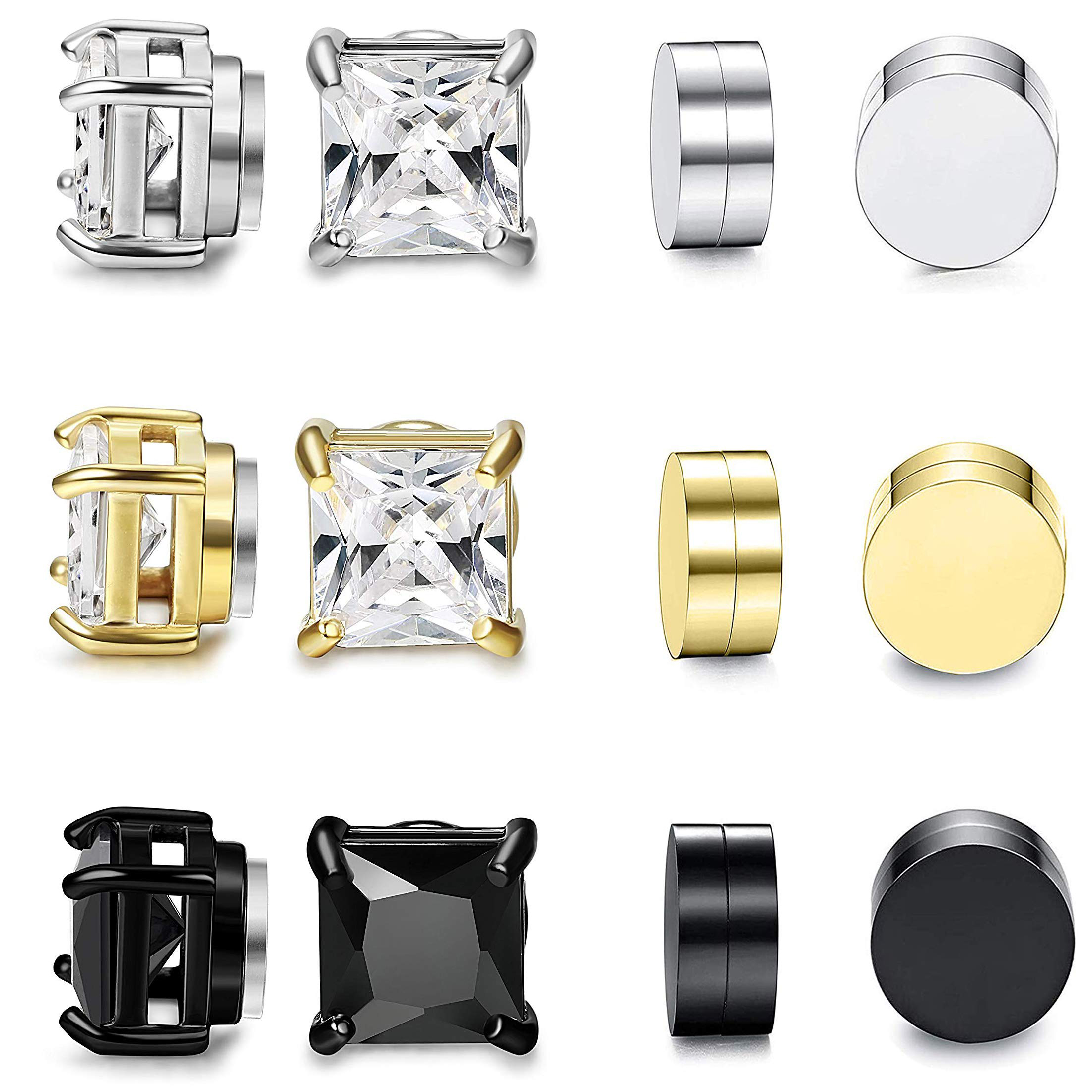 6 pairs magnetic stud earring for men women round square cz magnet non pierced clip on earrings set 6mm 8mm
