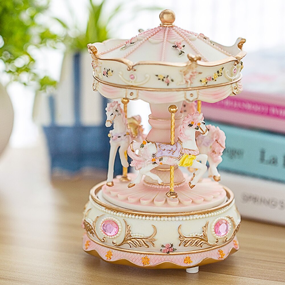 Speelgoed Hars Retro Luxe Carrousel Valentijnsdag Handwerk Thuis Kid Muziekdoos Bruiloft Uurwerk Mechanisme Led Light Decor: Roze