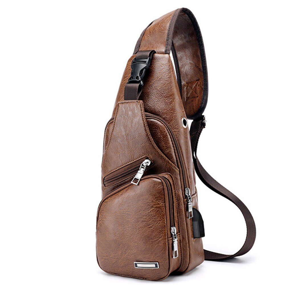 Men's Chest Bag USB Charging Crossbody Bags PU Leather Shoulder Bag Diagonal Package Back Pack Travel Outdoors Messenger Bag