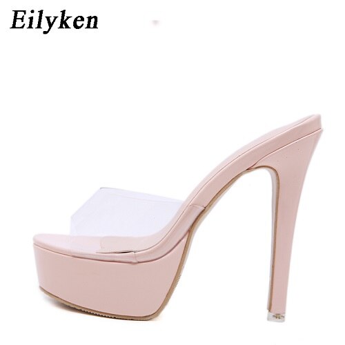 Eilyken höga klackar tofflor kvinna peep toe transparent pvc slides skor kvinnliga mulor platåskor kvinnor: Aprikos / 9