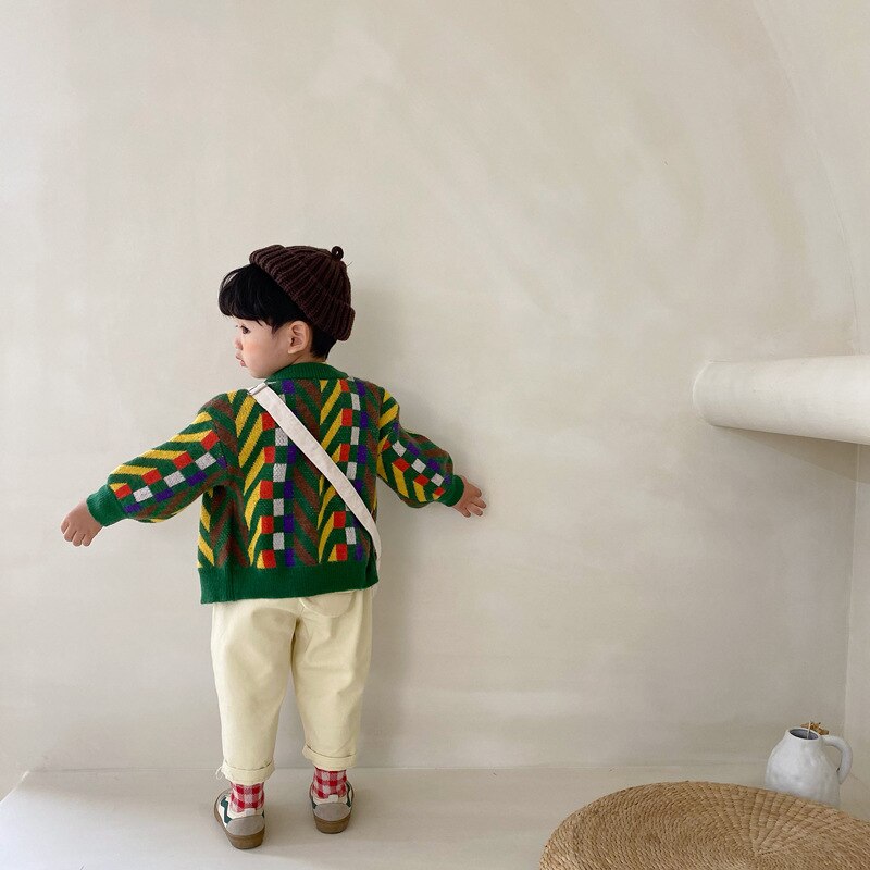 9270 maglione per bambini 2021 autunno e inverno New Fashion Plaid Boy&#39;s Cardigan maglione Casual Girl maglione cappotto outfit