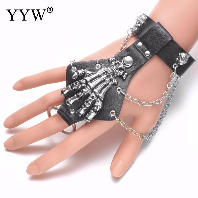 Unisex Cool Punk Rock Gothic Skeletschedel Hand Handschoen Ketting Armband Handschoen Ring Set Cool Mens Vrouwen Sieraden