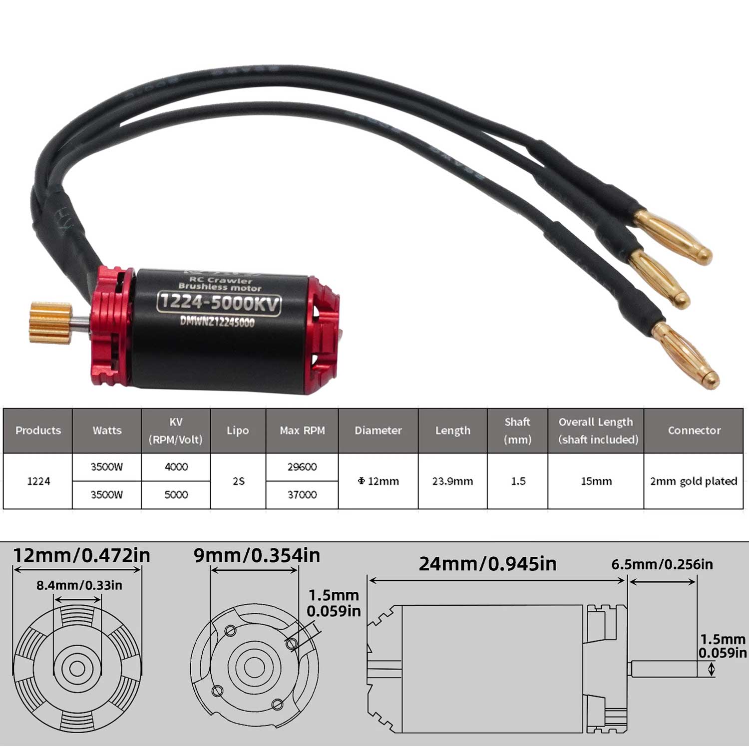 RC Motor 1224 Mini RC Crawler 4000KV 5000KV Brushless Motor 1.5mm Shaft for 124 128 132 RC Micro Car Kyosho Tamiya Traxxas
