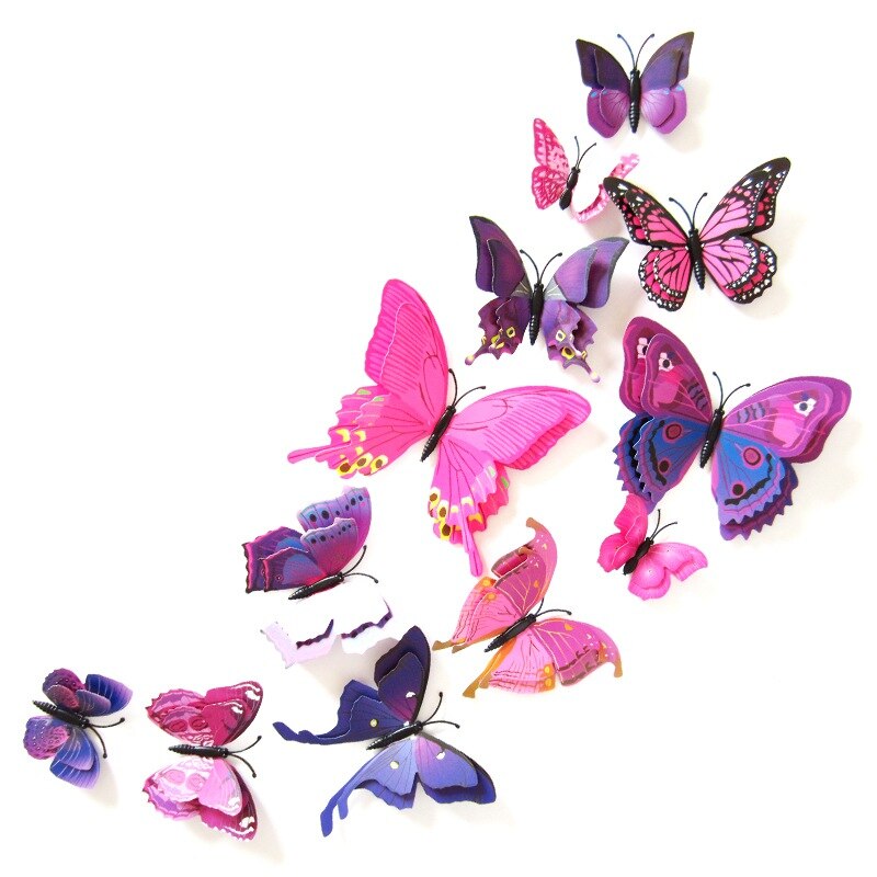 Pegatinas de mariposas artificiales 3D DIY 12 Uds. Para el hogar, decoración de tejas para el frigorífico, autoadhesivo impermeable extraíble de dos pisos