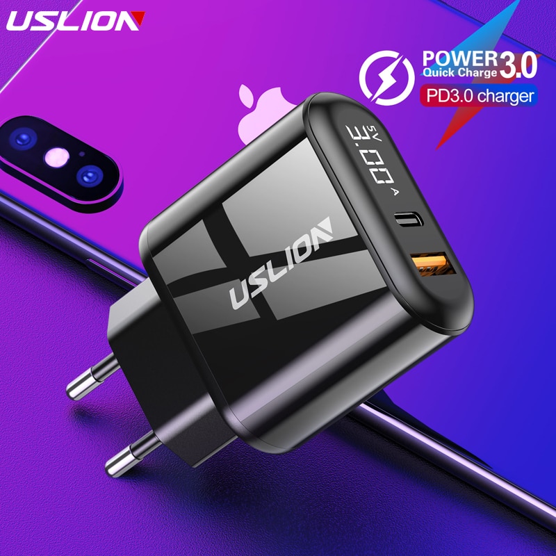 USLION Quick Charge 3.0 USB Fast Charger PD 3.0 Supercharge Fast Charging Phone Charger For Xiaomi Mi 9 8 For iPhone X XR XS Max