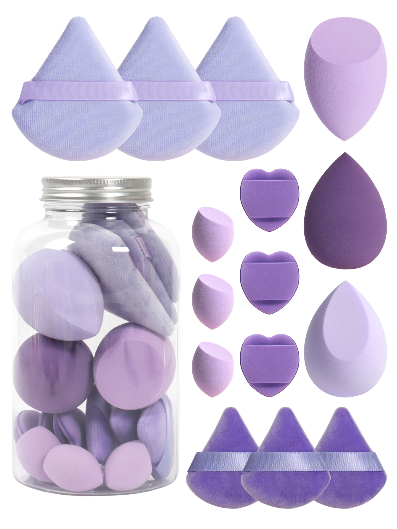 Primavera 15 latas, 3 esponjas para polvos sueltos y 3 mini esponjas para polvos sueltos y 3 mini huevos de maquillaje y 3 mini esponjas con cojín de aire, mezcla de bases: Morado
