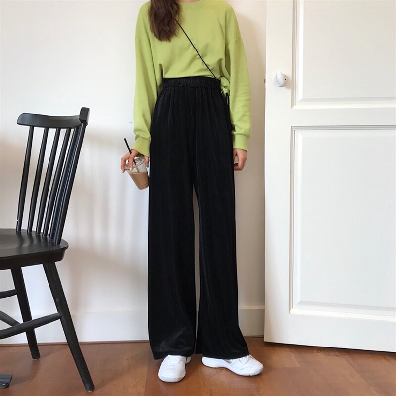 Byxor dam sommar guld sammet vida ben lösa 4xl casual drapera solid koreansk stil matchande trendiga byxor штаны dam