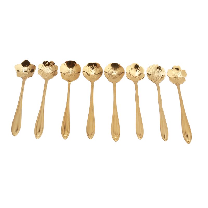 8 unids/set flores de cerezo de acero inoxidable té cuchara de café cucharaditas de hielo crema de azúcar cubiertos oro cocina vajilla