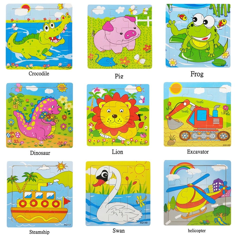 3D Puzzle Wooden Toys jigsaw puzzle Cartoon Animal Traffic Puzzles for Kids Educational Cognitive Toy 9 Pieces 11x11cm