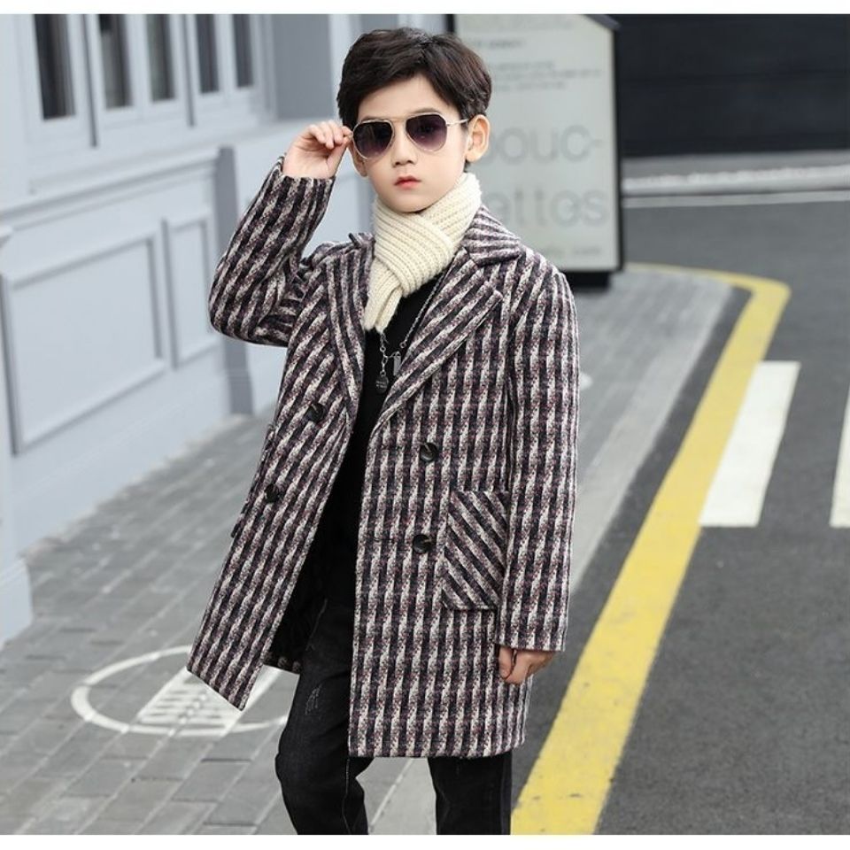 Boys Wool Coat Woolen Overcoat Kids Clothes Fall Winter Plaid Thicken Casual Woollen hildren Outerwear Trench Jackets
