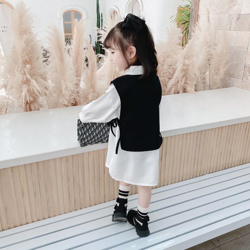 Ensemble chemisier blanc + gilet noir pour filles, vêtements de printemps et d&#39;automne, en coton, manches longues, Style collégien, laçage latéral, chemises pour filles