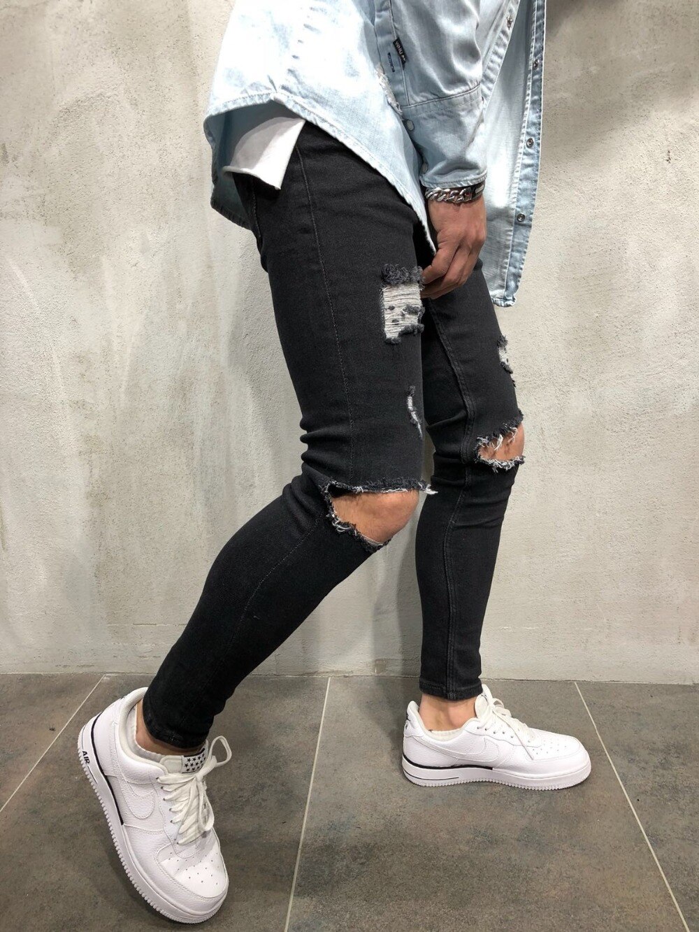 Jean déchiré au genou pour hommes, coupe haute extensible, pantalon de jogging bleu délavé, troué Hip-hop, motard