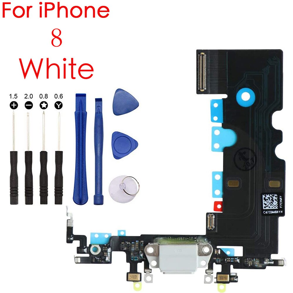 Charging Port USB Dock Connector Flex Cable Assembly Replacement With Screwdriver Repair Tool Kit For iPhone 7 7Plus 8G 8 Plus: 8 White