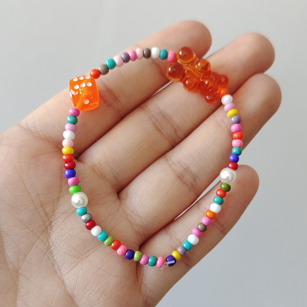 ZX-pulsera con cuentas de resina transparente para mujer, brazalete con cuentas de oso de goma, colorido, étnico, bohemio, , joyería INS: orange red