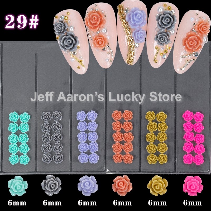 Blandet stil negler harpiks rose blomster cabochons cameo baseinnstilling 6mm 3d turkise rose blomster neglekunst dekorasjon tilbehør: Gzh 29