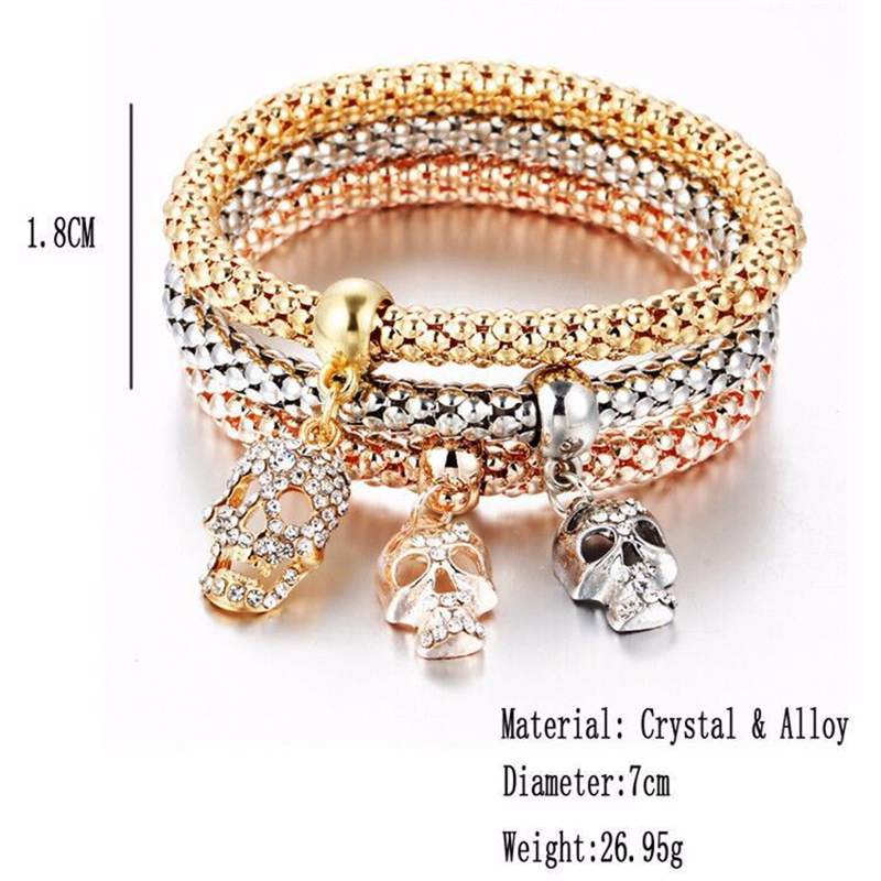 3Pcs Crystal Bracelet Tree of Life Owl Bracelets Inside Rhinestone Elastic Popcorn Chain Bracelet For WomenJewelry: Skull