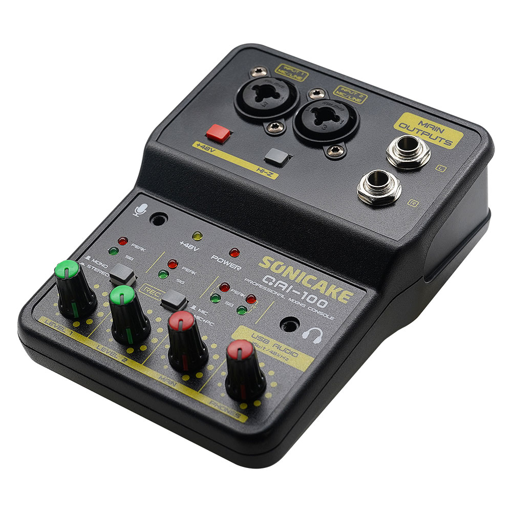 SONICAKE 2-Channel Mini Audio Mixer with Sound Card DJ Studio Music Recording Home Karaoke PC Compatible Mixing Console QAI-100