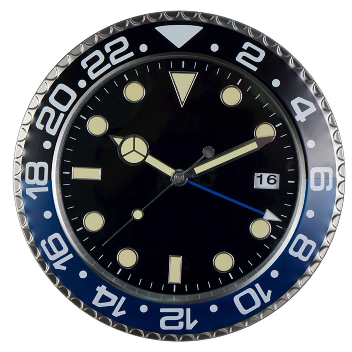 1 st 13 inch luxe creatieve metalen wandklok, woonkamer en studeerdecoratie wandklok, fluorescerende wijzerplaat, batterijvrij: DIEP BLAUW