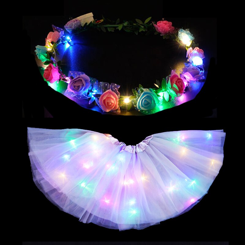 Jupe Tutu lumineuse LED pour femmes et filles, guirlande de fleurs, bandeau, , vêtements de fête néon, Costume de princesse de mariage d&#39;anniversaire: white skirt B