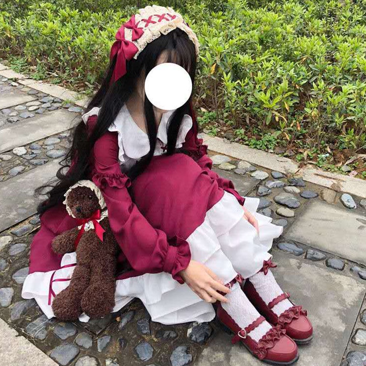 De manga larga de Lolita clásico vestido de Cosplay traje de algodón vestido JSK para niña rosa Borgoña oscuro verde vestido de Lolita