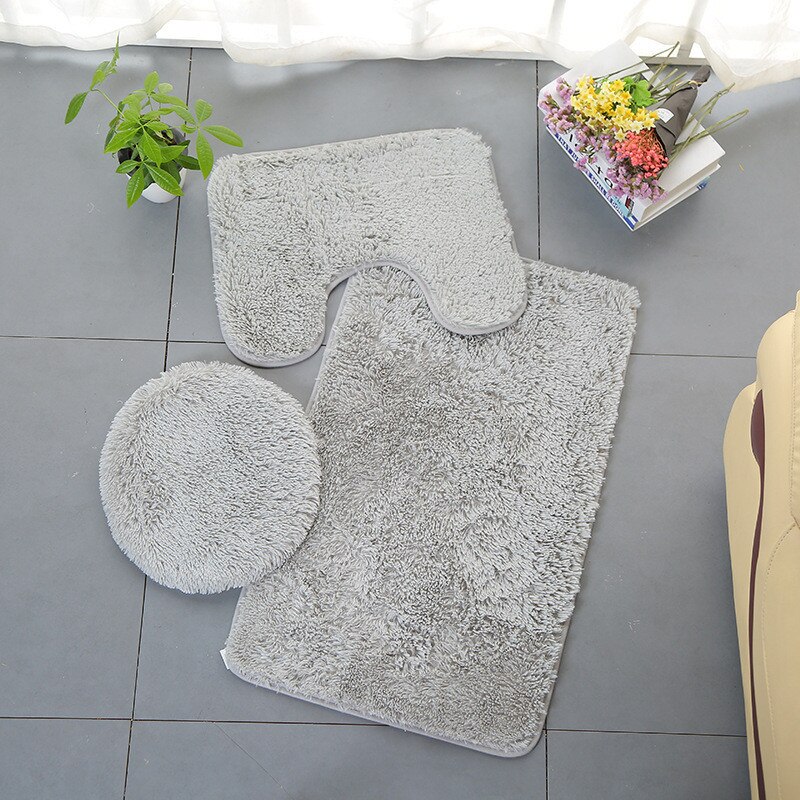 Toilet Seat Cover 3pc Bathroom Set Rug Contour Mat Toilet Lid Cover Plain Solid Color Bathmat Bathroom Supplies: Gray
