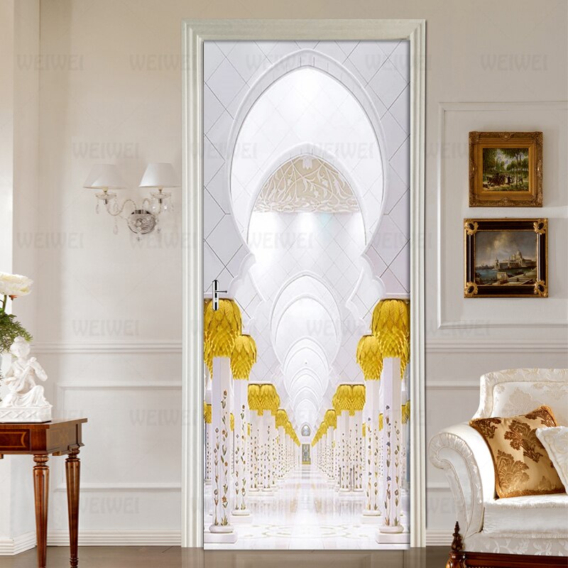 Luxury 3D Gold European Roman Column Wall Murals PVC Self-Adhesive Wall Sticker Door Sticker Wallpaper Decals Home Decor Poster