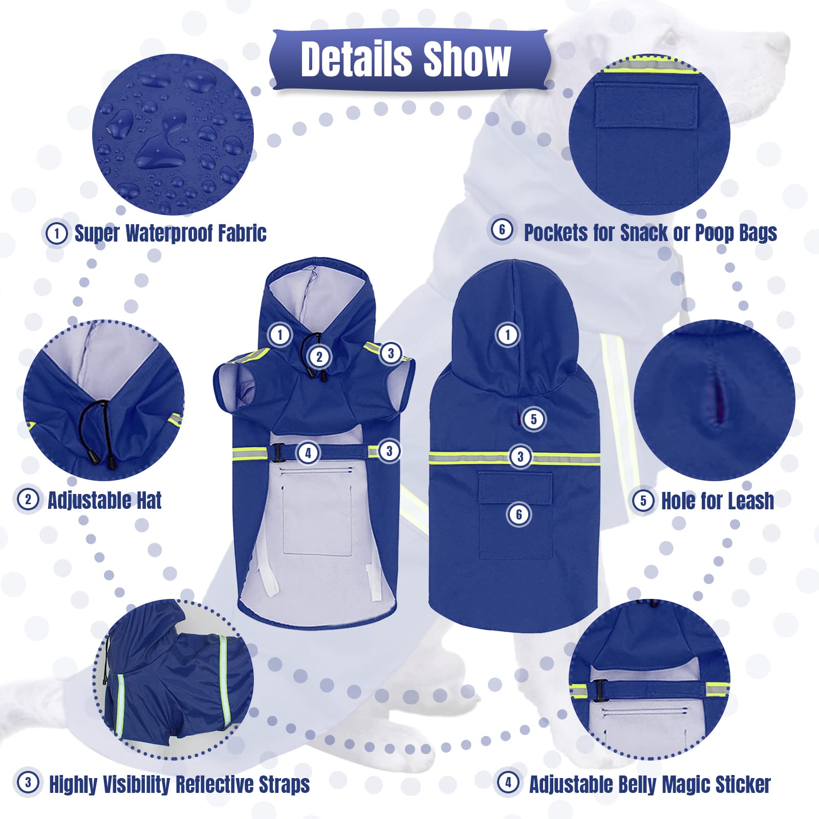 Dog Raincoat Rain Poncho Coat With Reflective Strap Waterproof Rain Jacket With Hood Leash Hole Adjustable Slicker Rainwear