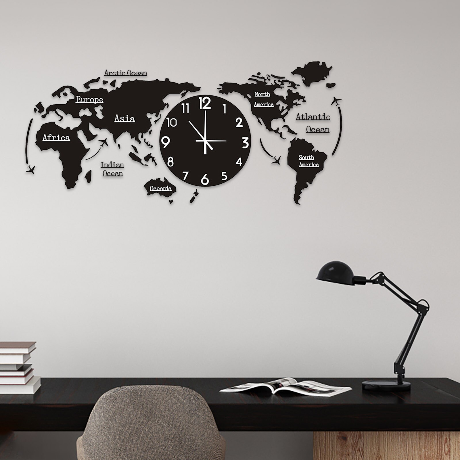Punch-free DIY Black Acrylic World Map Large Wall Clock Modern Desgin Stickers Silent Watch Home Living Room Kitchen Decorarion