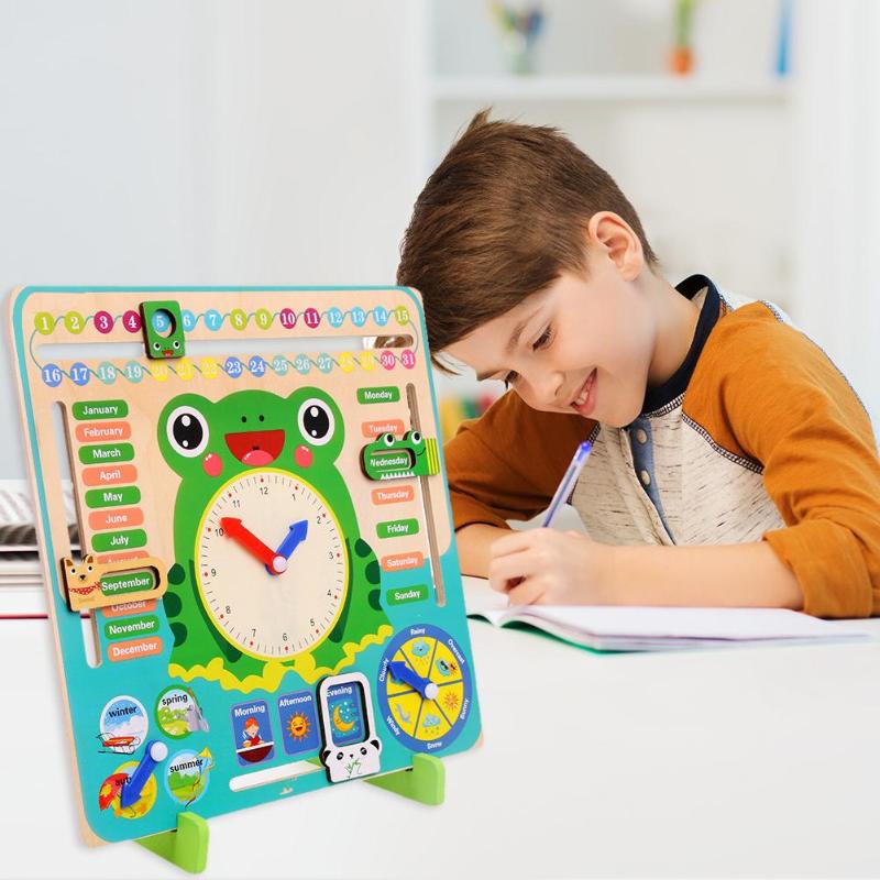 Cartone animato Rana Data Quattro Stagioni di Legno Calendario Orologio Per Bambini Per Bambini Cognitive Toy