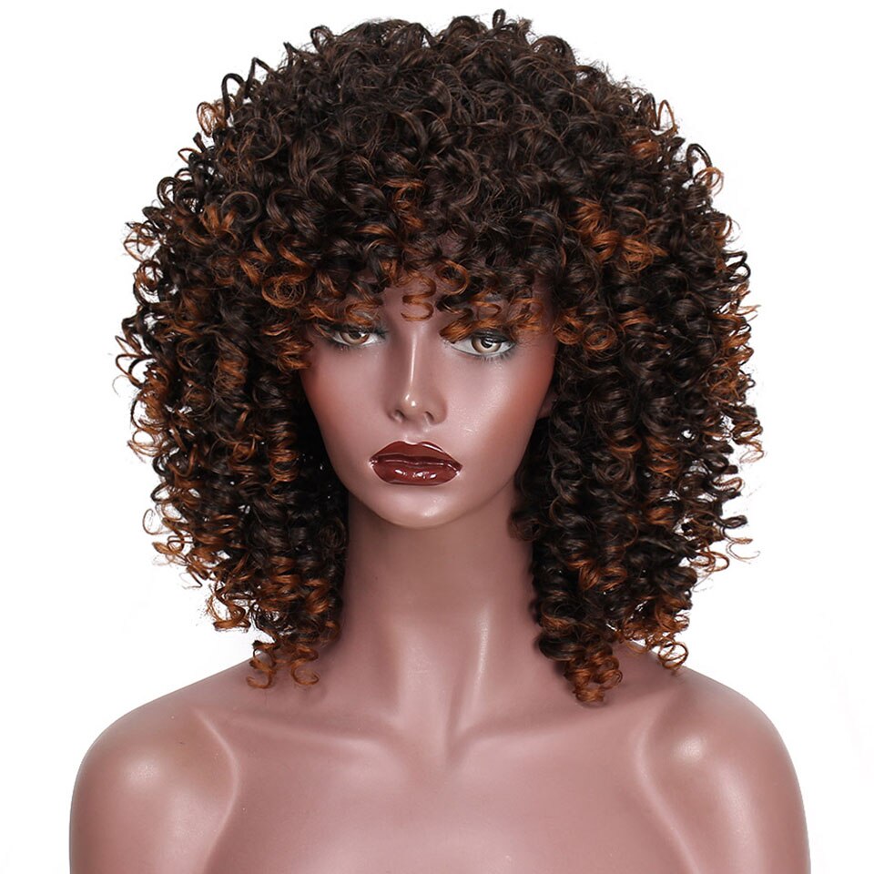 14 tommer kort afro paryk brun syntetisk kinky krøllede parykker til kvinder 10 farver ombre fluffy afrikansk amerikansk naturlig sort hår: Med pandehår -2-30