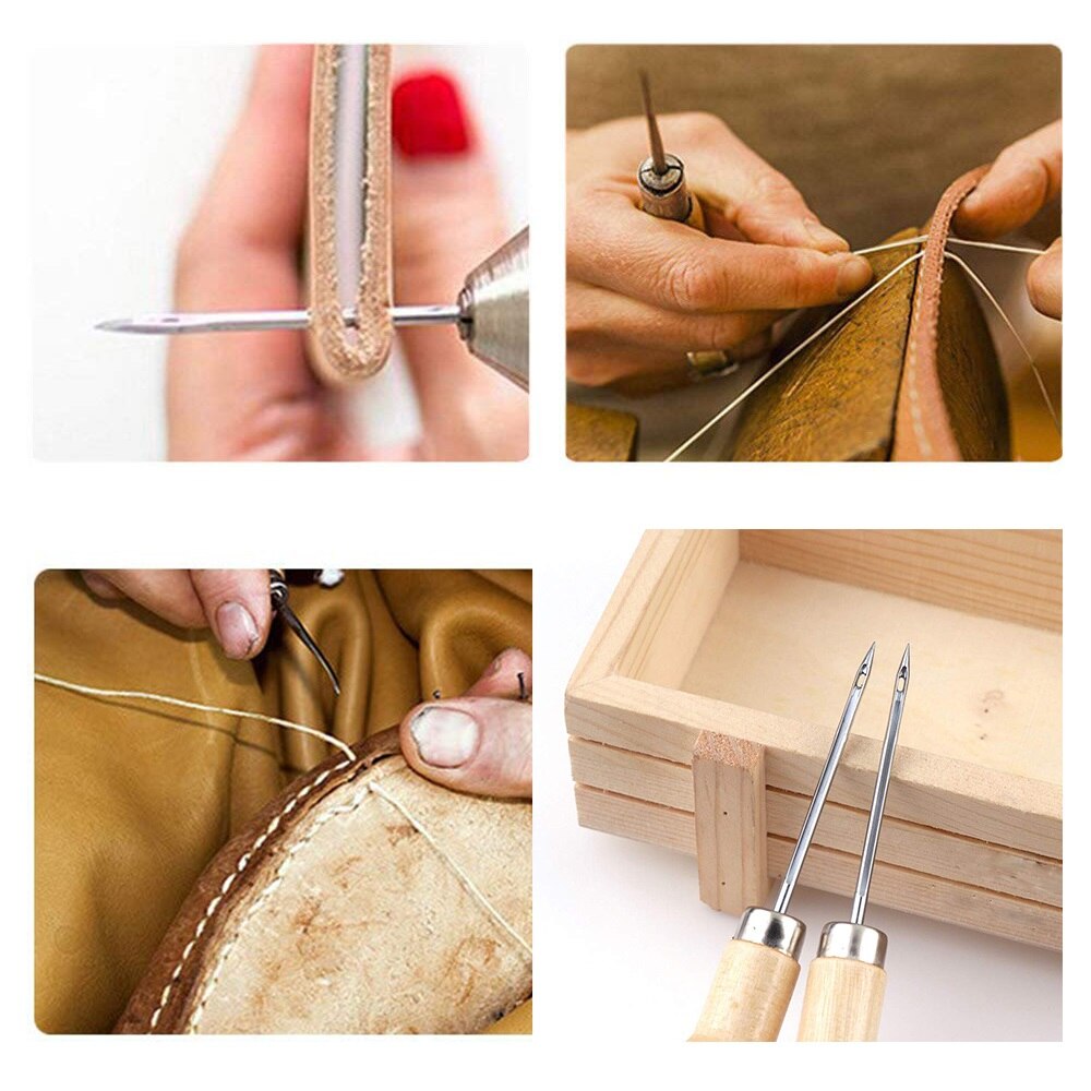 Poinçon de couture pour poignée en bois, outil de bricolage, aiguille de couture, cône, pochoirs de réparation de chaussures en toile, poinçon de cuir pour cordonnier, 3 pièces
