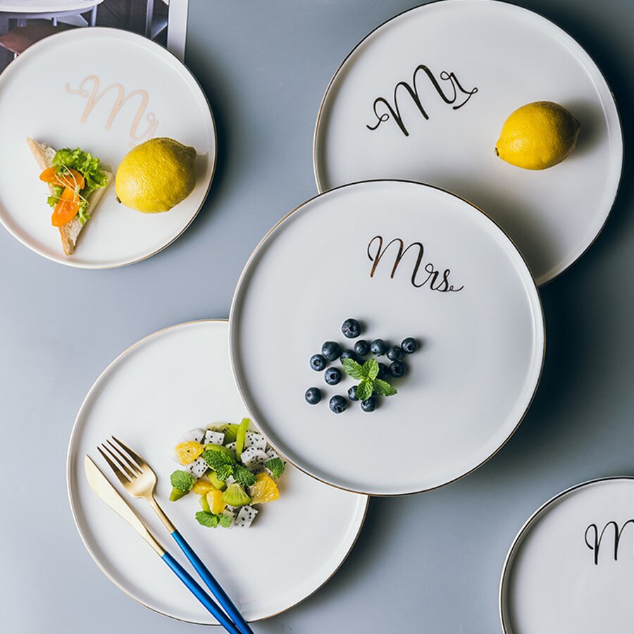 MUZITY Ceramic Plate White Plate With Gold Inlay 6/8/10 inch Porcelain Dinner Plate Set Breakfast Set