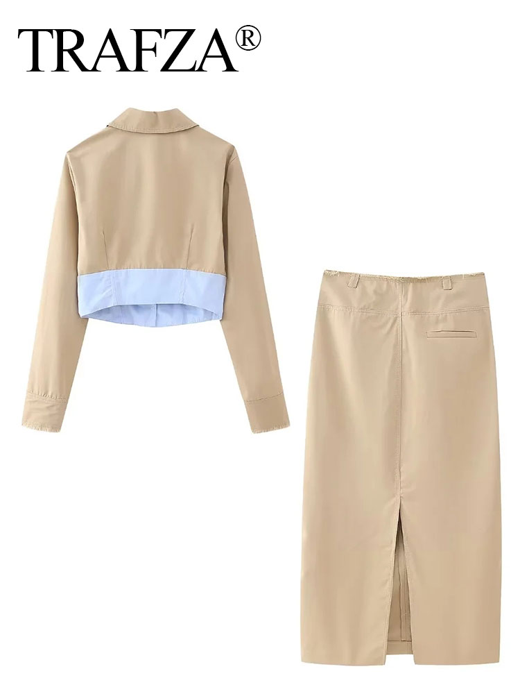 TRAFZA-Conjunto de falda caqui a la para mujer, blusa de retales, camisa recortada con botones de manga larga + faldas por debajo de la rodilla ajustadas con bolsillo frontal
