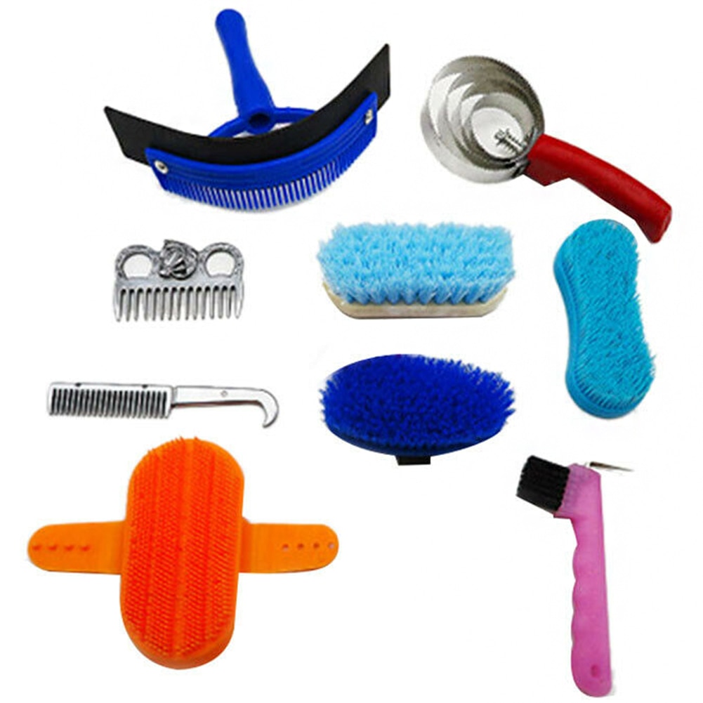 10pcs Grooming Tool Brush Scrubber Curry Mane Tail Horse Cleaning Kit Set Hoof Pick Scraper Massage Comb