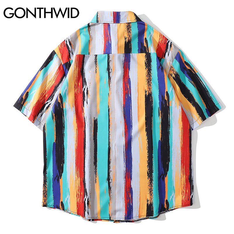 GONTHWID Hawaiian Shirts Harajuku Color Bloock Stripes Shirt Streetwear Hip Hop Aloha Tropical Casual Mens Tops