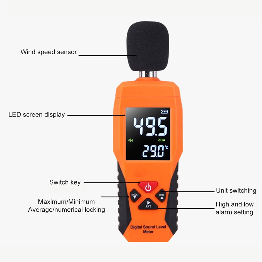 Digital Sound Level dB Meters 30dB~130dB Decibe Noise Logger Detector Diagnostic Tool Temperature Tester With Backlight