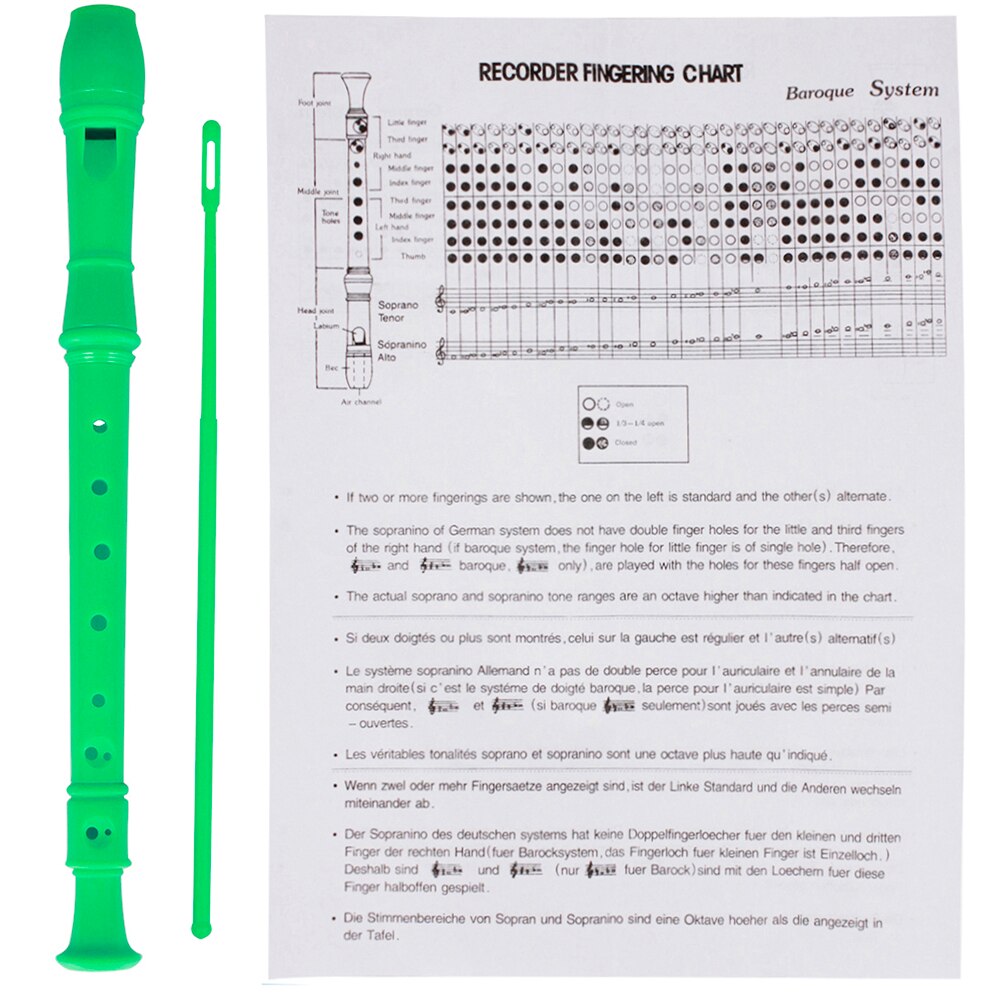 Abs sopran descant recorder klarinet 8 huller tysk stil c nøgletilbehør med fingering diagram rengøringspind til børn begyndere: Grøn