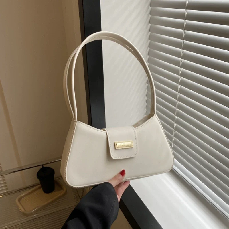 Minimalist Shoulder Bag for Women Simple Solid Color Underarm Bag Buckle Handbag and Purse Small Top-handle Bags: Beige