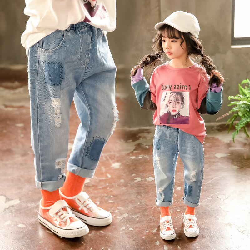 jeans girl Korean style loose summer children's wear CUHK summer ripped jeans 4-14 years old