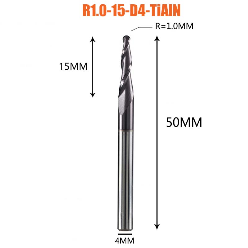 1 Pcs Tungsten Vhm Gecoate Taper Ball Nose Cnc Frezen Frezen Voor Hout En Snijders Voor Metalen end Mill: R1.0-15-D4