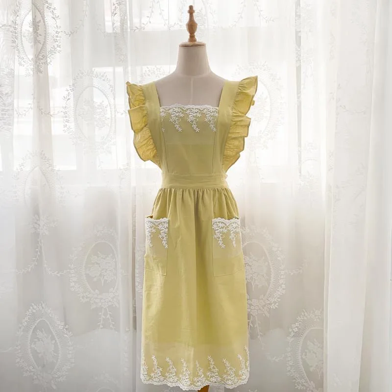 Drophanging-renda de linho algodão lavada Aventais, loja de flores, babados de jardim, avental para mulher, vestido: YELLOW