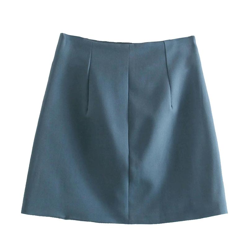 Falda azul para mujer, trajes a la de 2 botones, Chaqueta corta con bolsillos de imitación, minifaldas, conjuntos elegantes para mujer